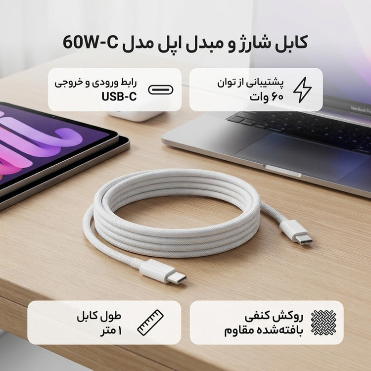 کابل USB-C به USB-C اپل مدل طول 1 متر